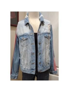 KanCan Womens Denim Jacket M Light Blue Distressed Striped Streetwear